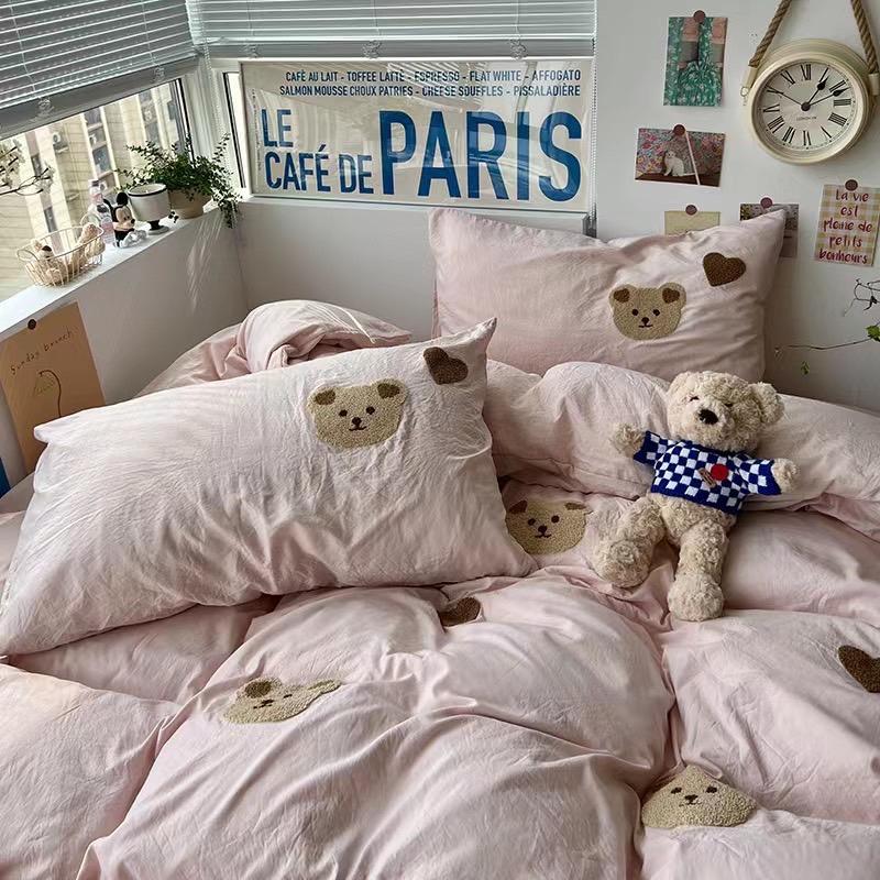 吾二家居 聚酯纖維 小熊粉  單人 可愛 床包組 雙人床包 加大雙人  ins風 ikea風  台灣出貨-細節圖6