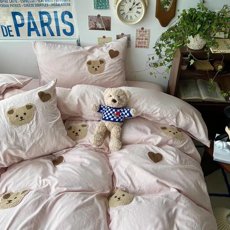 吾二家居 聚酯纖維 小熊粉  單人 可愛 床包組 雙人床包 加大雙人  ins風 ikea風  台灣出貨-細節圖8