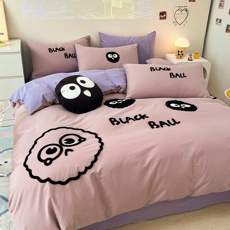 吾二家居 純棉 紫煤球 小棕球 黑煤球 單人 可愛 床包組 雙人床包 加大雙人  ins風 ikea風  台灣出貨-細節圖2