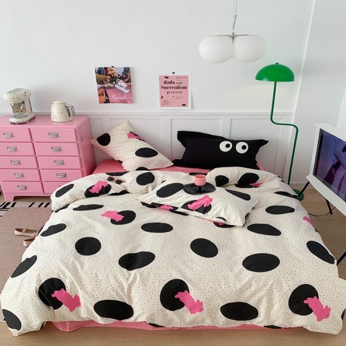 吾二家居 純棉 波點兔 玫紅 單人 可愛 床包組 雙人床包 加大雙人  ins風 ikea風  台灣出貨-細節圖2