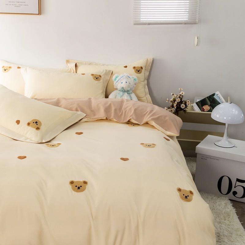 吾二家居 台灣出貨 熊小熊 毛巾繡 雙拼 雙色四件套 磨毛 簡約 北歐風 床包 雙人床包 加大雙人 ins風 可愛-細節圖2