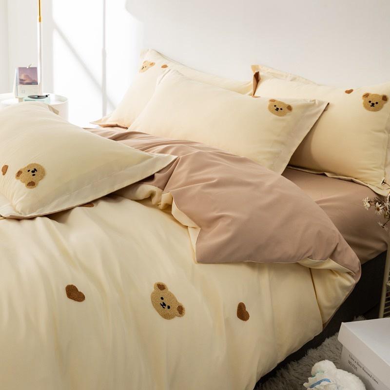 吾二家居 台灣出貨 熊小熊 毛巾繡 雙拼 雙色四件套 磨毛 簡約 北歐風 床包 雙人床包 加大雙人 ins風 可愛-細節圖4