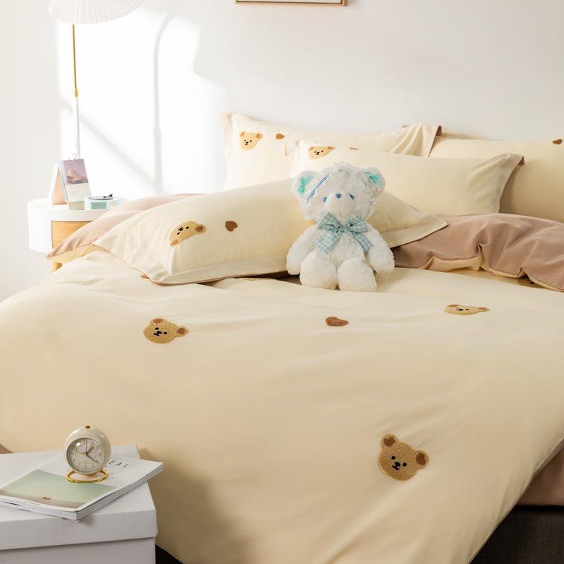 吾二家居 台灣出貨 熊小熊 毛巾繡 雙拼 雙色四件套 磨毛 簡約 北歐風 床包 雙人床包 加大雙人 ins風 可愛-細節圖5
