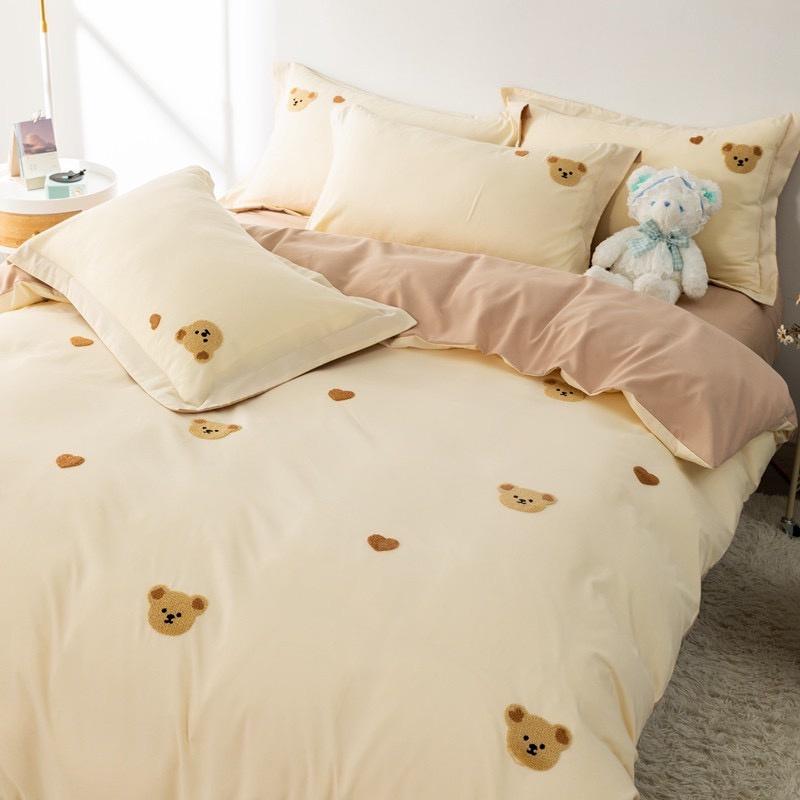 吾二家居 台灣出貨 熊小熊 毛巾繡 雙拼 雙色四件套 磨毛 簡約 北歐風 床包 雙人床包 加大雙人 ins風 可愛-細節圖6