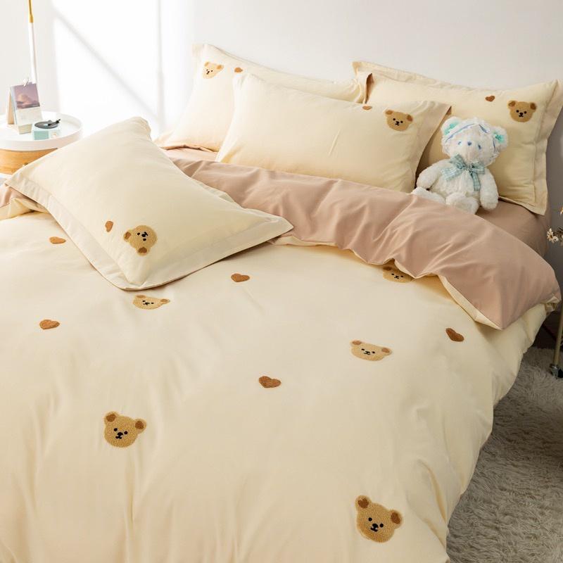 吾二家居 台灣出貨 熊小熊 毛巾繡 雙拼 雙色四件套 磨毛 簡約 北歐風 床包 雙人床包 加大雙人 ins風 可愛-細節圖7