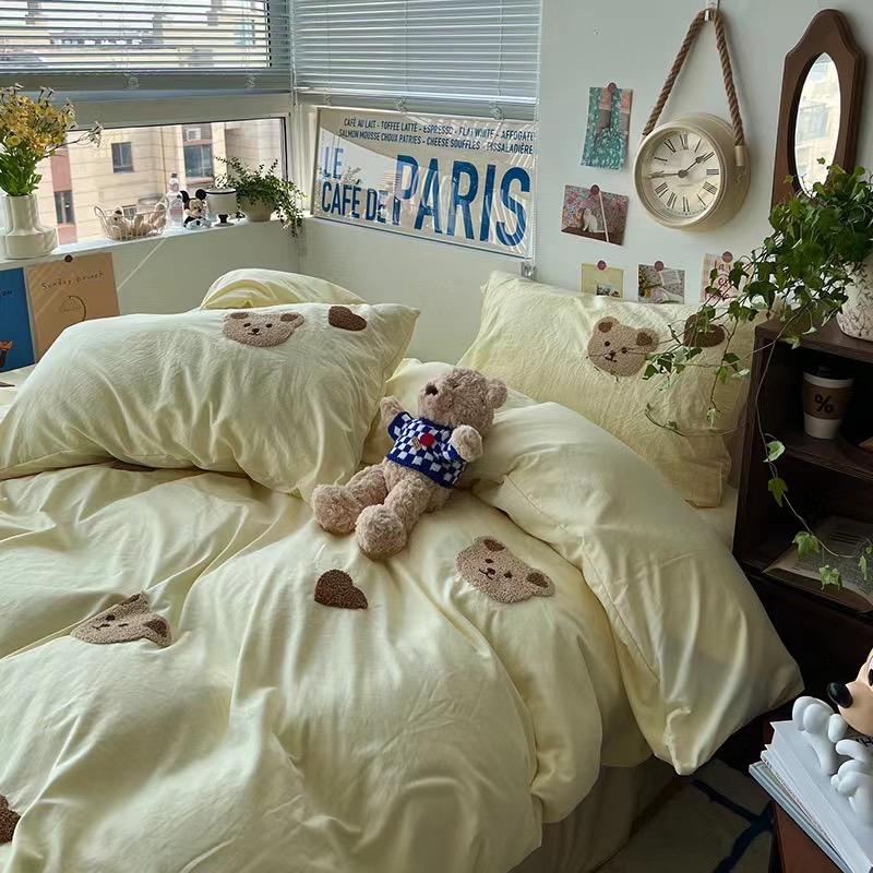 吾二家居 聚酯纖維 小熊黃  單人 可愛 床包組 雙人床包 加大雙人  ins風 ikea風  台灣出貨-細節圖4