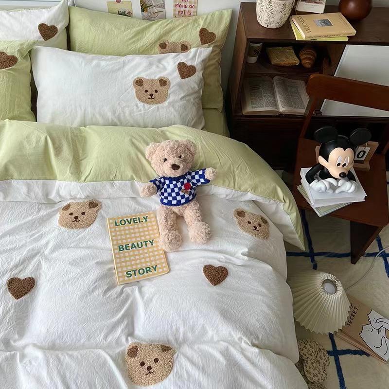 吾二家居 聚酯纖維 小熊白綠  單人 可愛 床包組 雙人床包 加大雙人  ins風 ikea風  台灣出貨-細節圖5