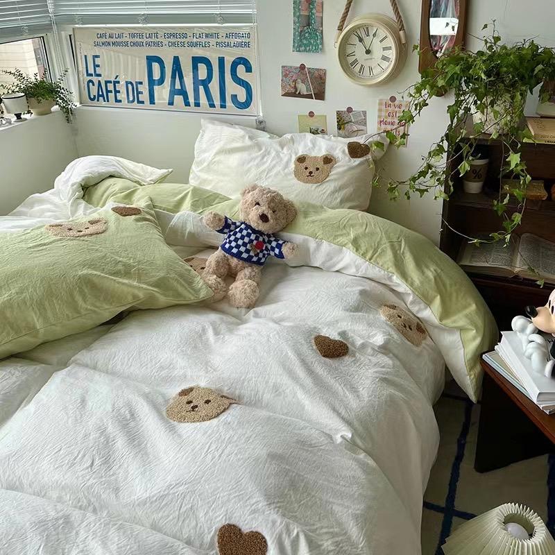 吾二家居 聚酯纖維 小熊白綠  單人 可愛 床包組 雙人床包 加大雙人  ins風 ikea風  台灣出貨-細節圖6