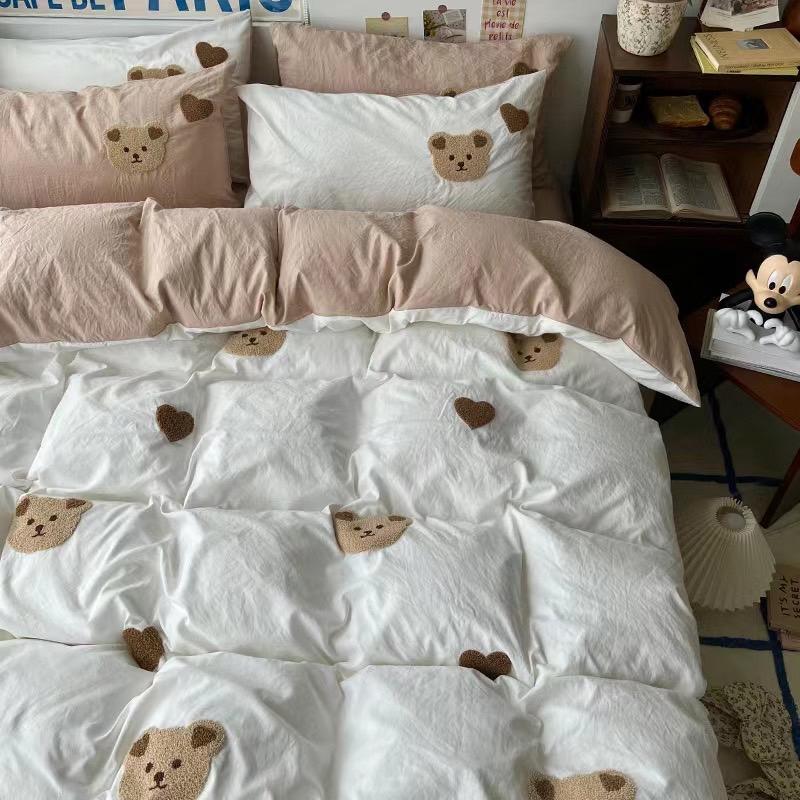 吾二家居 聚酯纖維 小熊白咖  單人 可愛 床包組 雙人床包 加大雙人  ins風 ikea風  台灣出貨-細節圖2