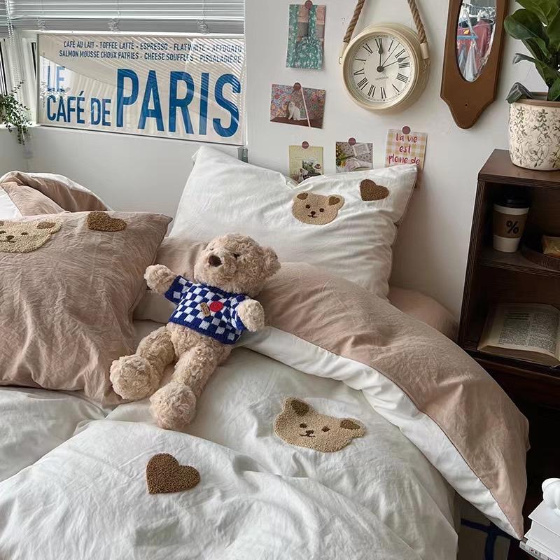 吾二家居 聚酯纖維 小熊白咖  單人 可愛 床包組 雙人床包 加大雙人  ins風 ikea風  台灣出貨-細節圖3
