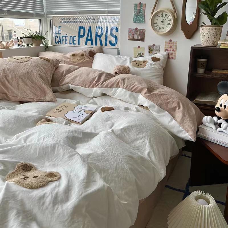 吾二家居 聚酯纖維 小熊白咖  單人 可愛 床包組 雙人床包 加大雙人  ins風 ikea風  台灣出貨-細節圖5