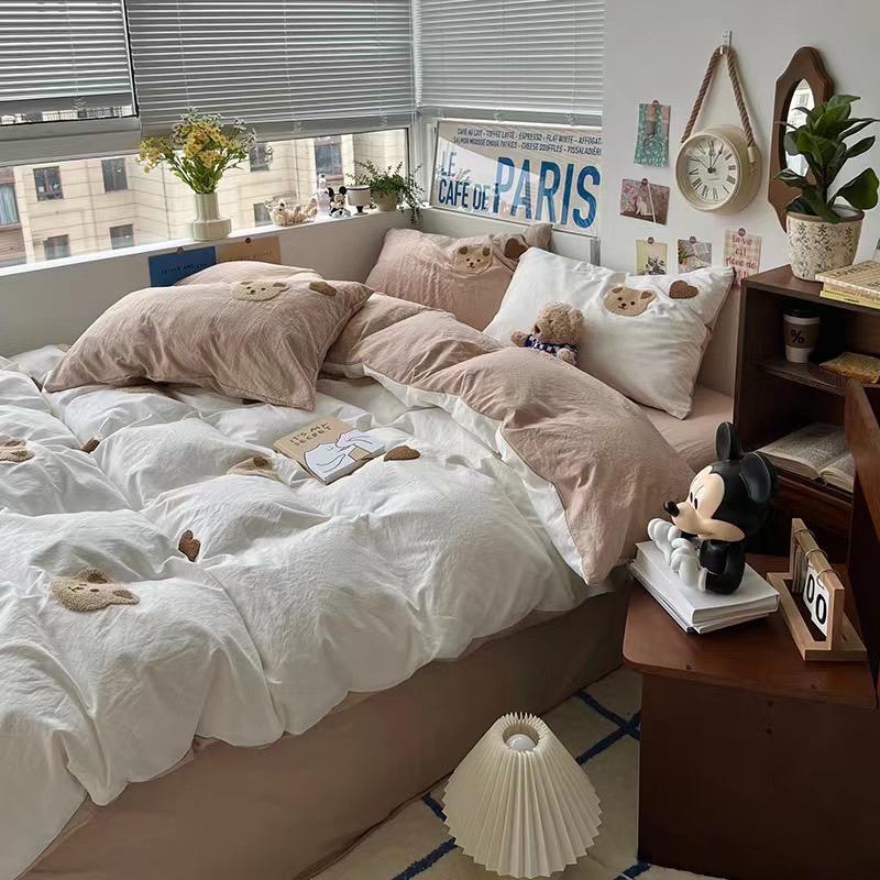 吾二家居 聚酯纖維 小熊白咖  單人 可愛 床包組 雙人床包 加大雙人  ins風 ikea風  台灣出貨-細節圖6