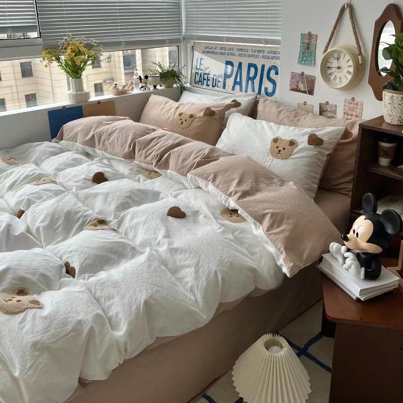 吾二家居 聚酯纖維 小熊白咖  單人 可愛 床包組 雙人床包 加大雙人  ins風 ikea風  台灣出貨-細節圖7