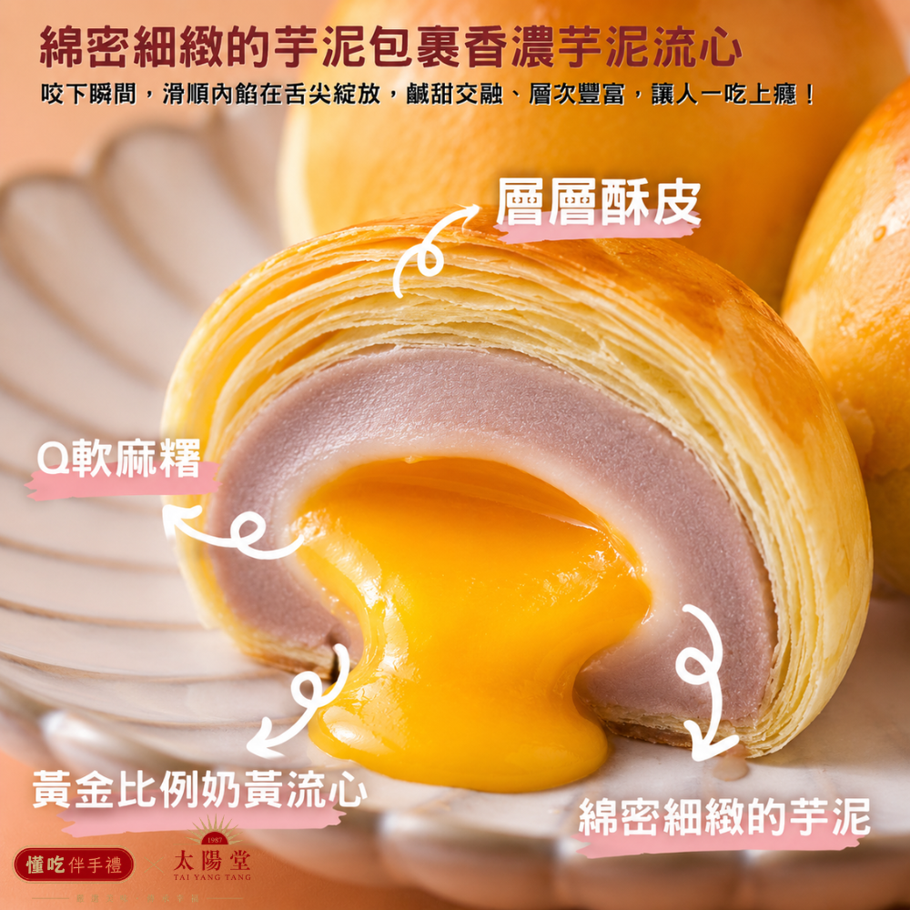 太陽堂 芋泥流心月餅 6入 300g 盒裝【台灣製造】流沙月餅 流心月餅 奶黃 月餅 中秋月餅 蛋黃酥-細節圖3