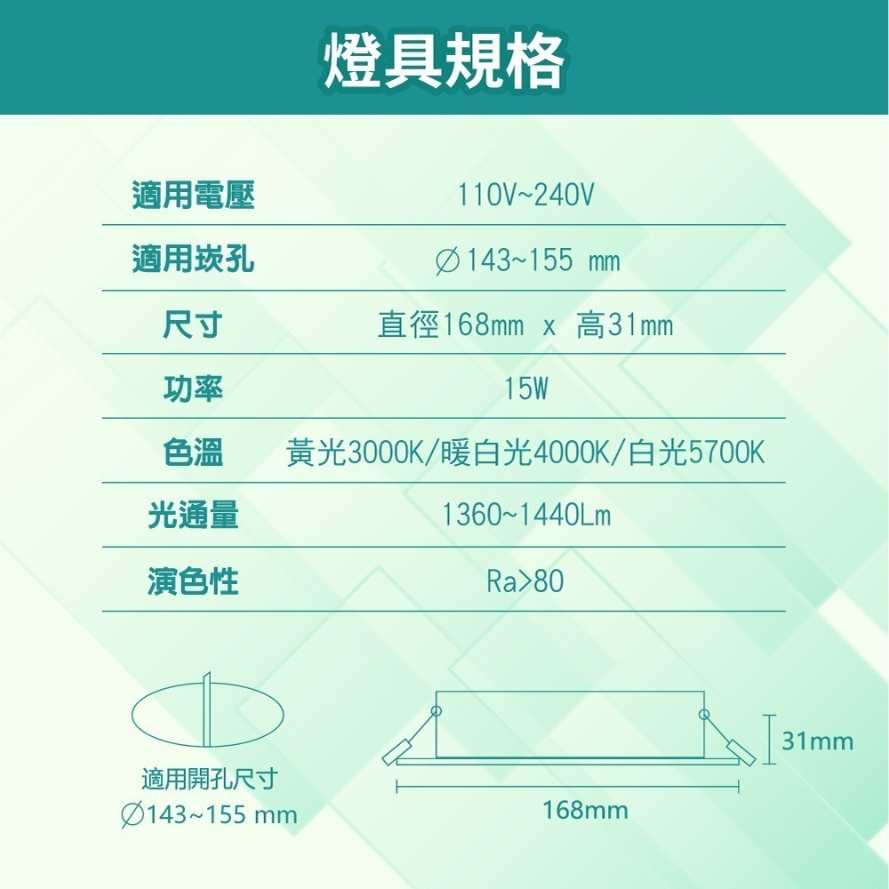 【青禾坊】歐奇 15W/10W LED 三色溫 心情崁燈｜15CM/9.5CM崁孔 超薄款 燈具 照明 節能 嵌燈-細節圖6