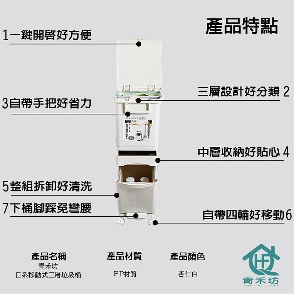 【青禾坊】日系移動式三層垃圾桶 垃圾 垃圾筒 分類 分層 分隔 分格 收納 空間 方便 免彎腰 四輪 滾輪 萬向輪-細節圖11