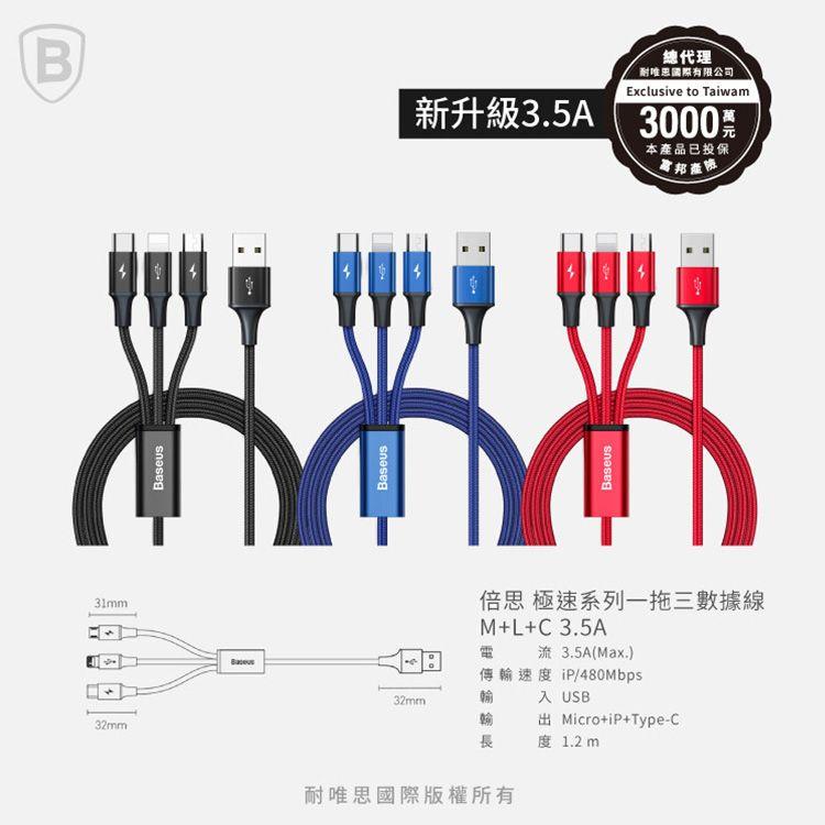 Baseus 極速系列3.5A一拖三傳輸線120cm (兩色:黑/藍)-細節圖9