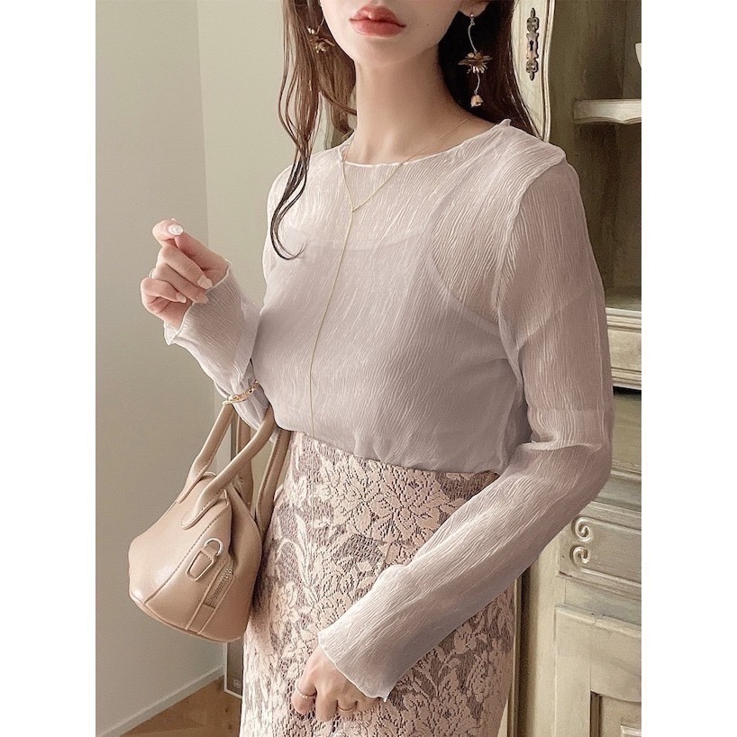 甜心貓~現貨。限時超殺優惠！【原包裝】日單 GRL 兩件套楊柳褶皺彈性上衣+牛奶絲背心 六色 SML-細節圖8