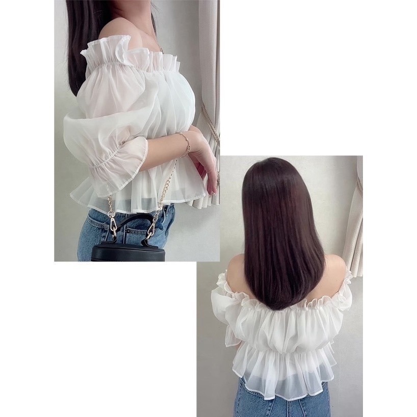 甜心貓💕現貨。限時優惠!日本夏季熱賣款~日單 GRL 甜美一字領露肩司馬克荷葉邊短版上衣 多色 均碼-細節圖3