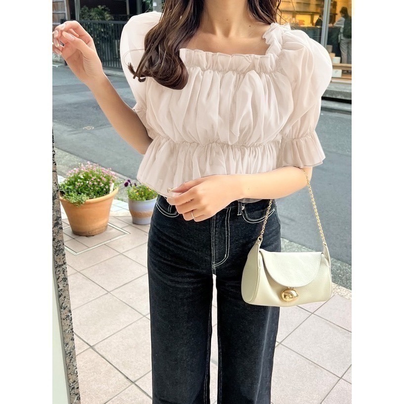 甜心貓💕現貨。限時優惠!日本夏季熱賣款~日單 GRL 甜美一字領露肩司馬克荷葉邊短版上衣 多色 均碼-細節圖8