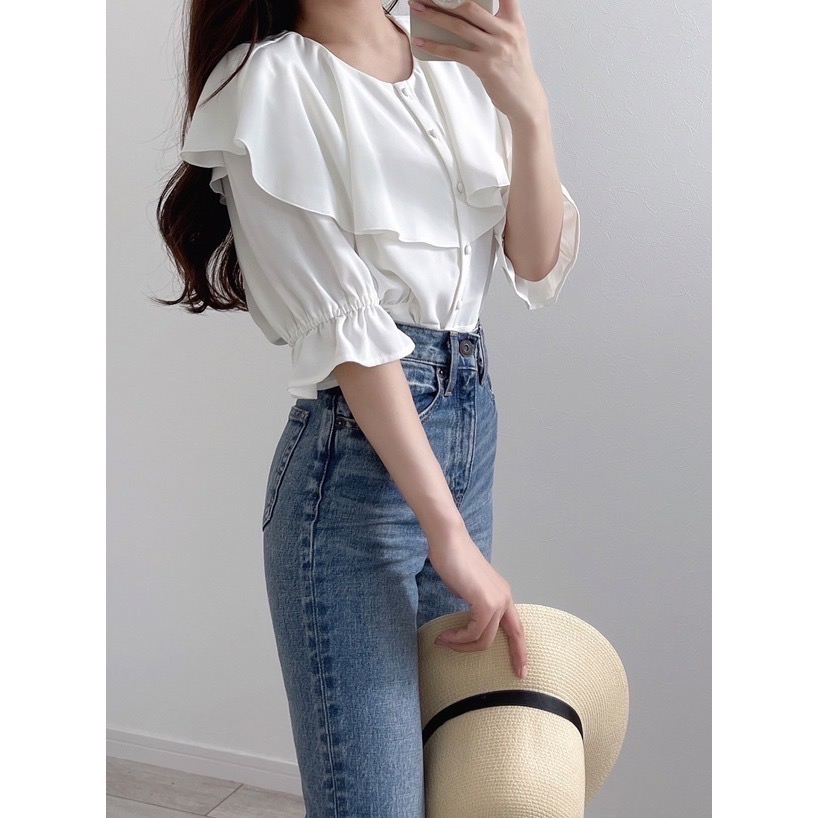 甜心貓💕現貨。日單 GRL 大荷葉邊可愛短袖短版襯衫上衣 兩色 ML-細節圖2