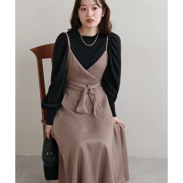 甜心貓~現貨。回饋優惠大人氣✨日單 natural couture 秋冬甜美V領大蝴蝶結綁帶吊帶裙 均碼 背帶裙 連衣裙-細節圖7