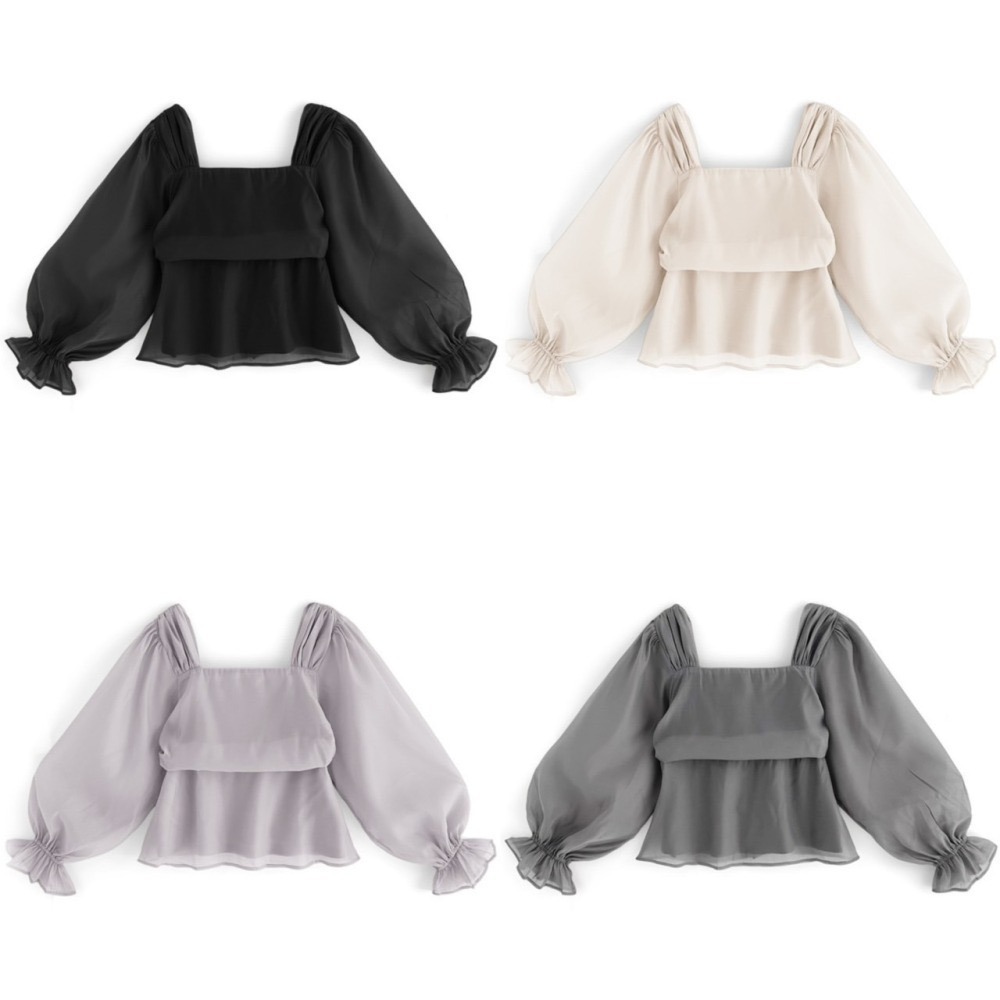 甜心貓~現貨。限時優惠！日單 GRL  甜美方領歐根紗長袖上衣 四色 均碼-細節圖2