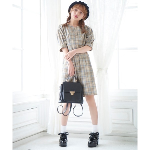 甜心貓~現貨有吊牌。回饋出清！日單 MAJESTIC LEGON 雜誌揭載款 復古格紋跳色後領交叉蝴蝶結綁帶洋裝-細節圖2