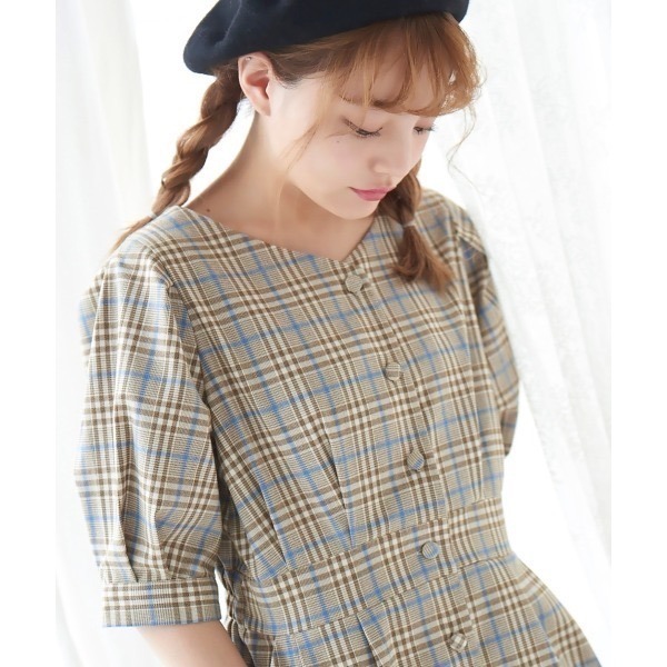 甜心貓~現貨有吊牌。回饋出清！日單 MAJESTIC LEGON 雜誌揭載款 復古格紋跳色後領交叉蝴蝶結綁帶洋裝-細節圖3