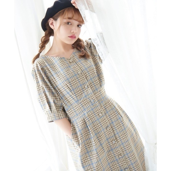 甜心貓~現貨有吊牌。回饋出清！日單 MAJESTIC LEGON 雜誌揭載款 復古格紋跳色後領交叉蝴蝶結綁帶洋裝-細節圖5