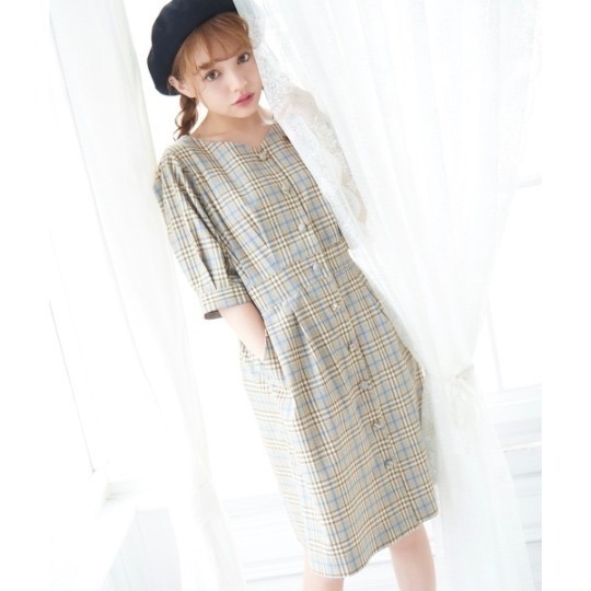 甜心貓~現貨有吊牌。回饋出清！日單 MAJESTIC LEGON 雜誌揭載款 復古格紋跳色後領交叉蝴蝶結綁帶洋裝-細節圖6