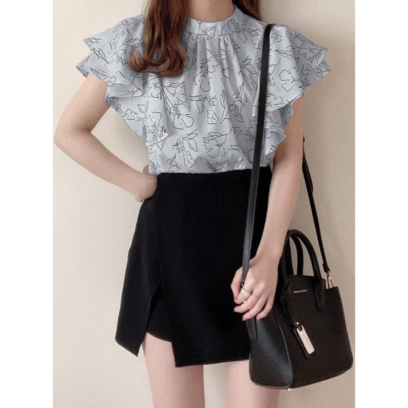 甜心貓💕現貨。日單 GRL 甜美花卉圖案雙層飛袖襯衫 兩色 均碼-細節圖2