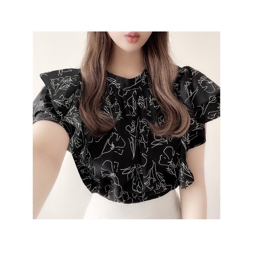 甜心貓💕現貨。日單 GRL 甜美花卉圖案雙層飛袖襯衫 兩色 均碼-細節圖3