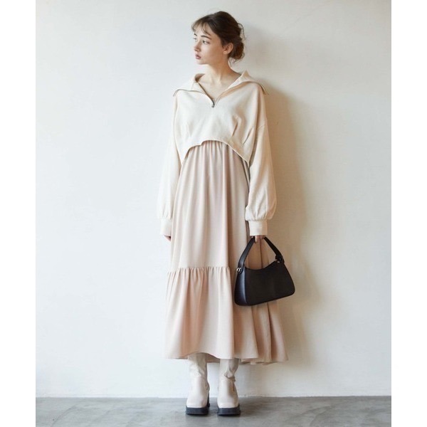 甜心貓💕少量現貨。日單 archives 兩件套短版螺紋拉鍊長袖上衣+可調整肩帶調吊帶裙 三色 均碼 洋裝 連衣裙-細節圖2