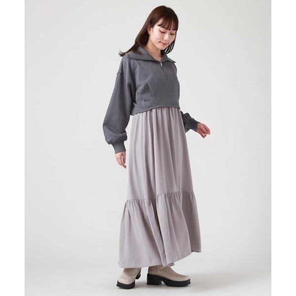 甜心貓💕少量現貨。日單 archives 兩件套短版螺紋拉鍊長袖上衣+可調整肩帶調吊帶裙 三色 均碼 洋裝 連衣裙-細節圖3