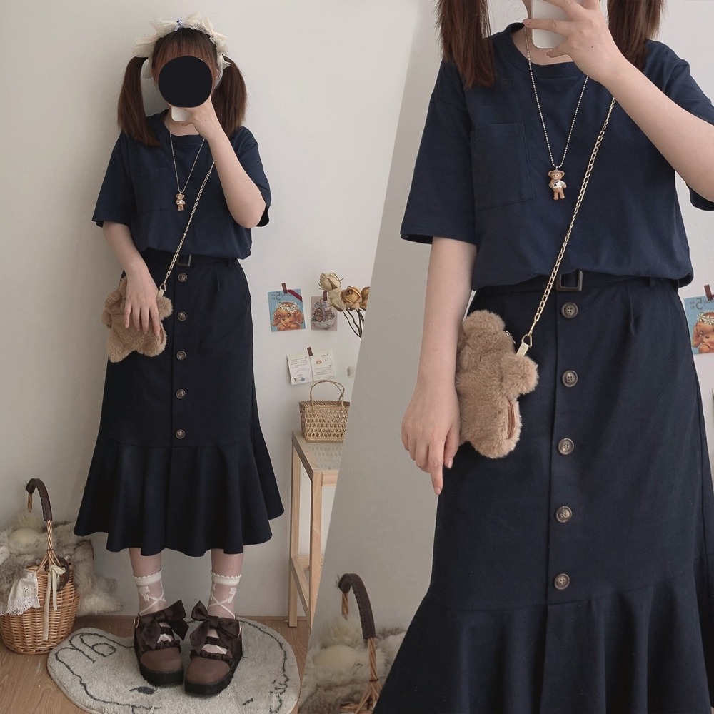 甜心貓💕現貨。日單 MAJESTIC LEGON 復古單排釦綿麻魚尾裙 三色 S/M A字裙 半裙 半身裙-細節圖10