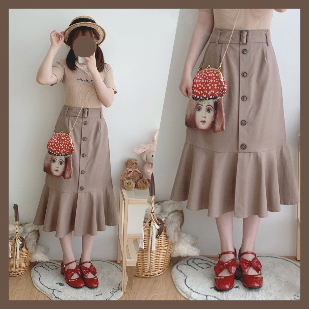 甜心貓💕現貨。日單 MAJESTIC LEGON 復古單排釦綿麻魚尾裙 三色 S/M A字裙 半裙 半身裙-細節圖11