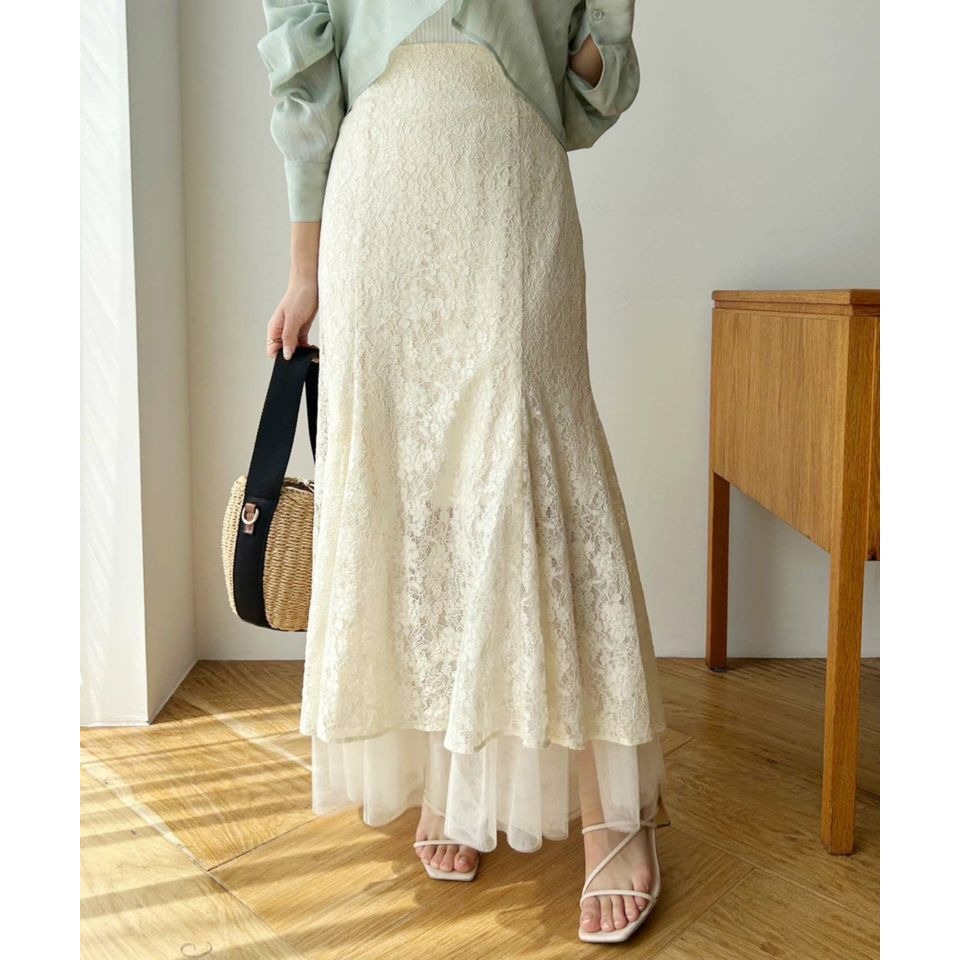 甜心貓。現貨有標~瑕疵出清~日單 NICE CLAUP  迷人曲線蕾絲拼接網紗魚尾裙 象牙 均碼 半裙 長裙-細節圖2