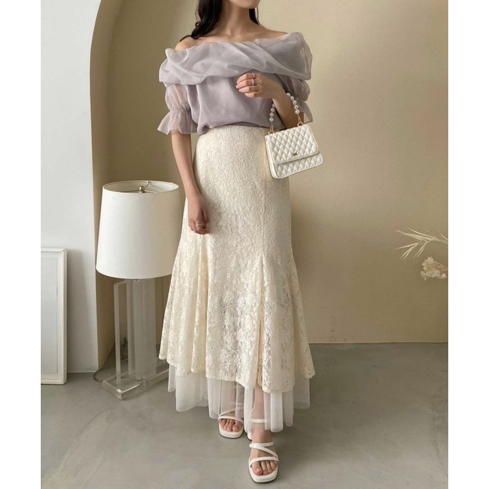 甜心貓。現貨有標~瑕疵出清~日單 NICE CLAUP  迷人曲線蕾絲拼接網紗魚尾裙 象牙 均碼 半裙 長裙-細節圖3