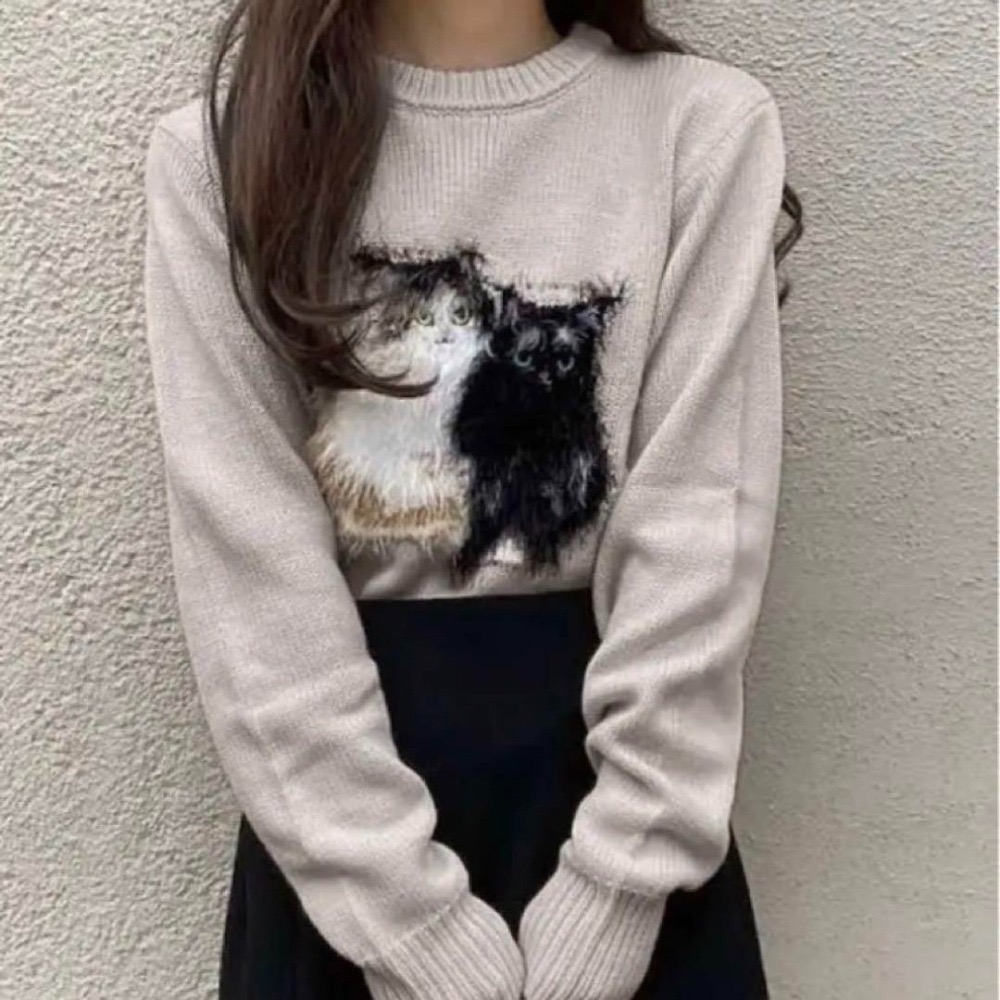 甜心貓💕少量現貨。日單 GRL 可愛喵喵貓貓貓咪毛茸茸寬鬆針織短版毛衣上衣 三色 均碼-細節圖5