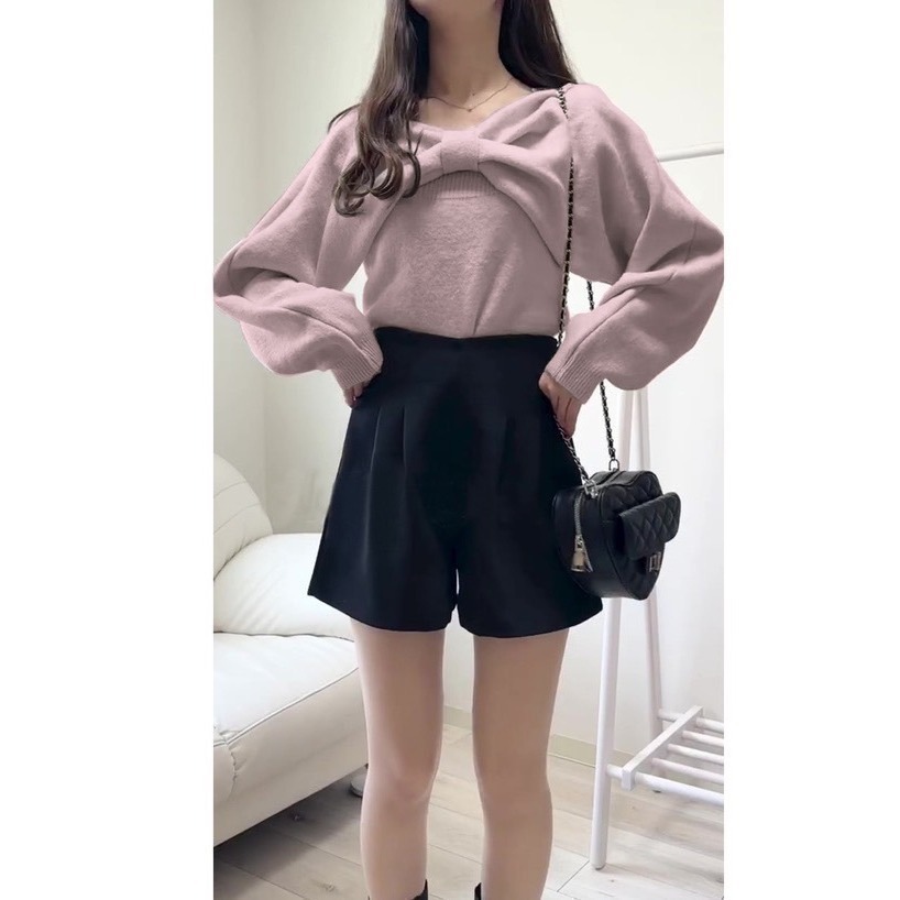 甜心貓💕現貨。日單 GRL 秋冬熱銷款兩件套 甜美可露肩大蝴蝶結裝飾短版毛衣套裝 三色 均碼-細節圖3