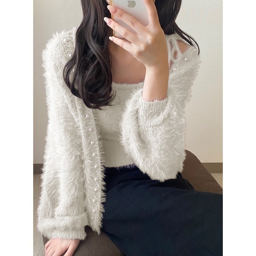 甜心貓💕少量現貨。 日單 GRL 秋冬熱銷款兩件套 針織裝飾毛茸茸毛衣外套+綁帶小背心 四色 均碼-細節圖3