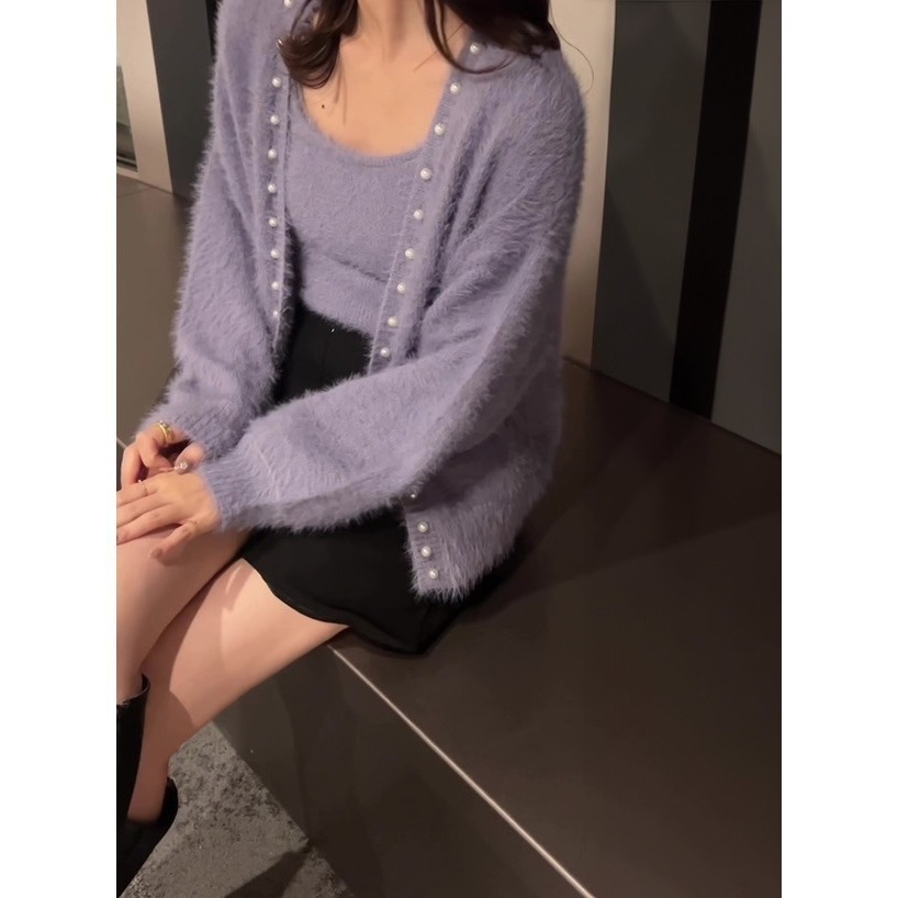 甜心貓💕少量現貨。 日單 GRL 秋冬熱銷款兩件套 針織裝飾毛茸茸毛衣外套+綁帶小背心 四色 均碼-細節圖4