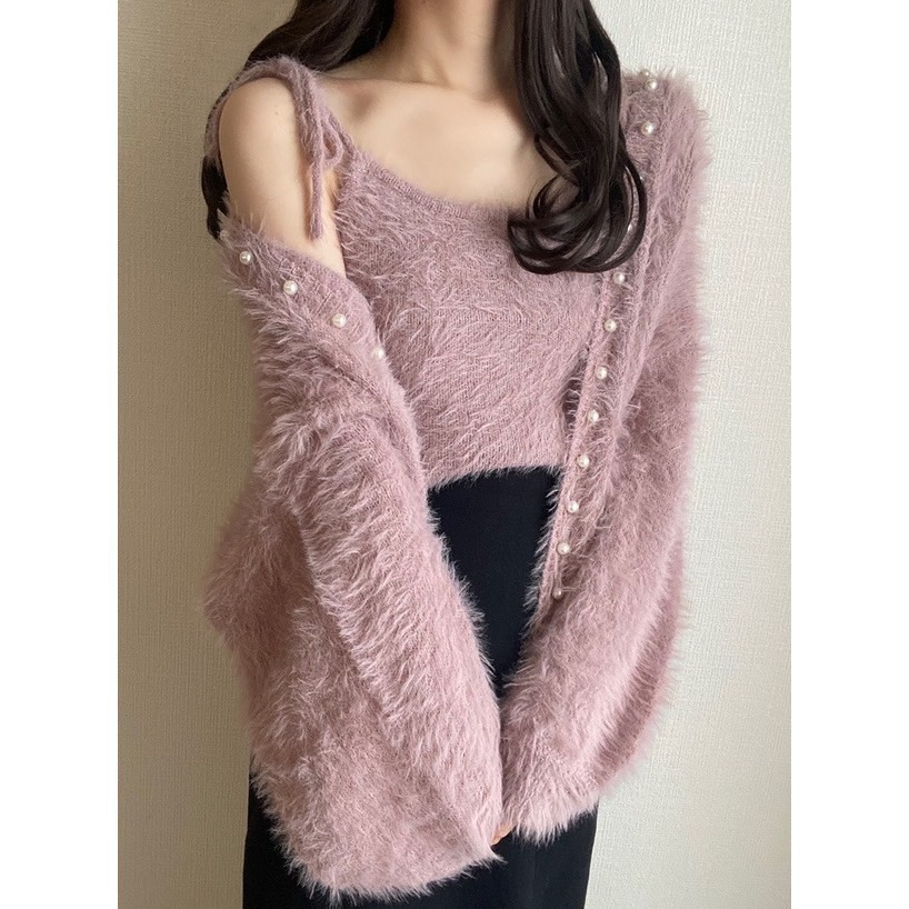 甜心貓💕少量現貨。 日單 GRL 秋冬熱銷款兩件套 針織裝飾毛茸茸毛衣外套+綁帶小背心 四色 均碼-細節圖7