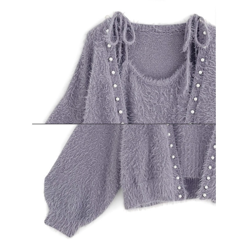 甜心貓💕少量現貨。 日單 GRL 秋冬熱銷款兩件套 針織裝飾毛茸茸毛衣外套+綁帶小背心 四色 均碼-細節圖8