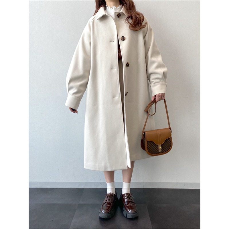 甜心貓💕少量現貨。 再入荷~日單 Heather 日本定番人気~翻領毛呢單排釦大衣外套 淺奶茶色 均碼 長版大衣外套-細節圖2