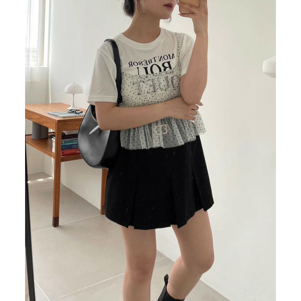 甜心貓💕現貨~日單 NICE CLAUP 兩件套甜美鬆緊網紗小吊帶+字母印花寬鬆短版上衣 三色 均碼-細節圖3