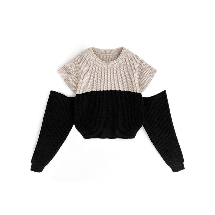 甜心貓💕少量現貨。日單 GRL 甜美小心機露肩拼接針織短版上衣 如圖 均碼 毛衣 撞色毛衣 針織上衣-細節圖2