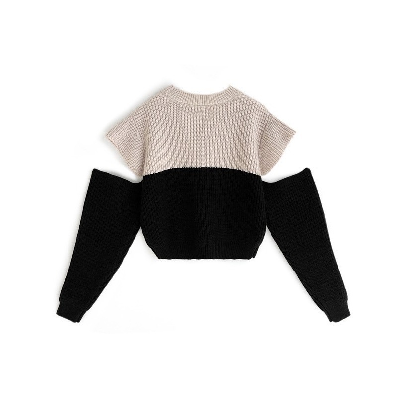 甜心貓💕少量現貨。日單 GRL 甜美小心機露肩拼接針織短版上衣 如圖 均碼 毛衣 撞色毛衣 針織上衣-細節圖3