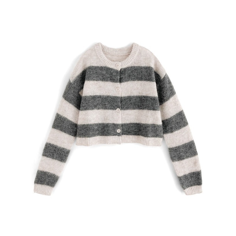 甜心貓💕現貨有吊牌。 日單 GRL 百搭休閒粗條紋配色含羊毛針織外套 兩色 均碼 短版上衣 毛衣 針織上衣 針織開衫-細節圖6